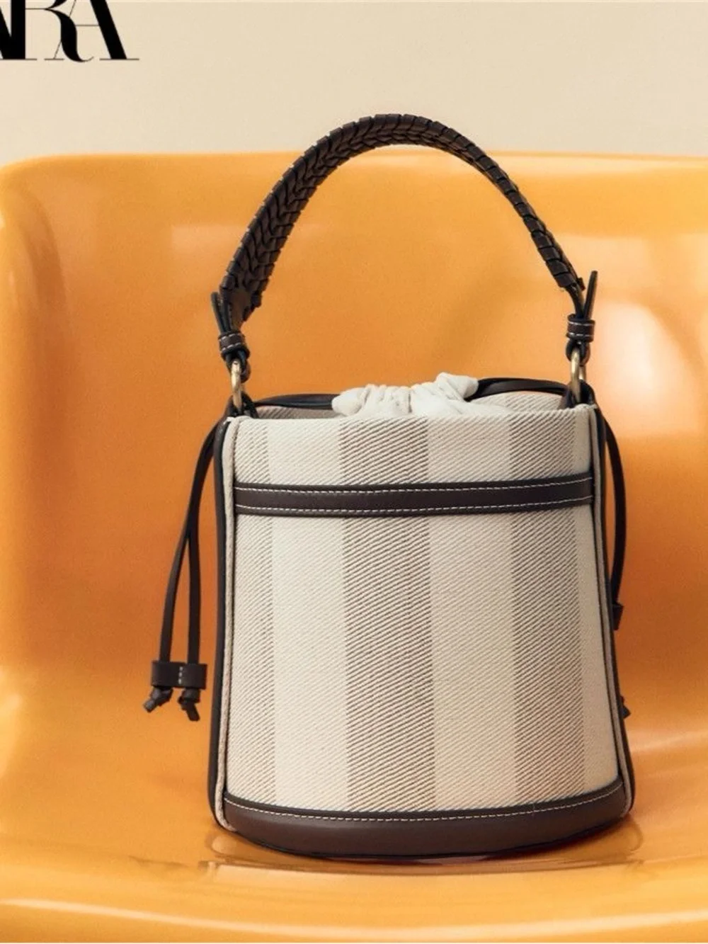 Zara Cream & Brown Striped Bucket Shoulder Bag with Braided Handle
